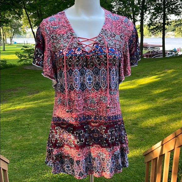 NWT ONE WORLD boho lace-up flutter sleeve top XL - Picture 1 of 7